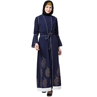 Printed Shrug with Inner abaya- Navy Blue